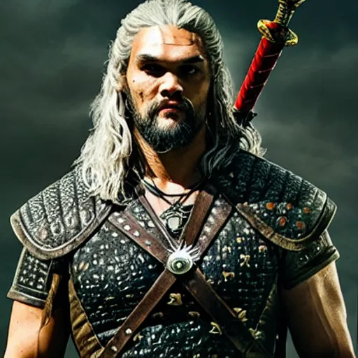 Prompt: photo of Jason Momoa as Witcher, from Witcher (2021), Netflix, portrait, medium shot, high-quality photo,
