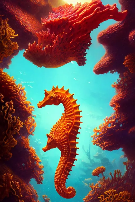 Prompt: highly detailed portrait of coral seahorse, stephen bliss, unreal engine, fantasy art by greg rutkowski, rhads, ferdinand knab, makoto shinkai and lois van baarle, ilya kuvshinov, rossdraws, tom bagshaw, global illumination, radiant light, yellow blue theme, coral reef