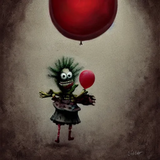 Prompt: grunge painting of spongebob with a wide smile and a red balloon by chris leib, loony toons style, pennywise style, corpse bride style, horror theme, detailed, elegant, intricate, Atmospheric phenomenon, artistic photography, conceptual, volumetric light