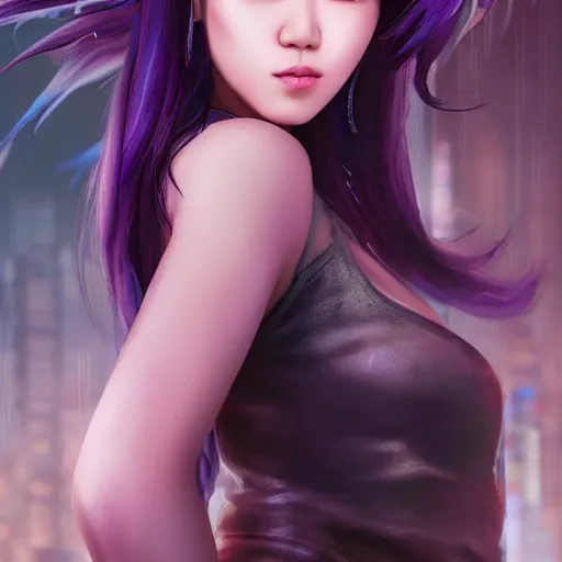 Image similar to photo of a gorgeous asian female with long dark purple hair in the style of stefan kostic, realistic, cyberpunk, body shot, sharp focus, 8 k high definition, insanely detailed, intricate, elegant, art by stanley lau and artgerm, floating embers