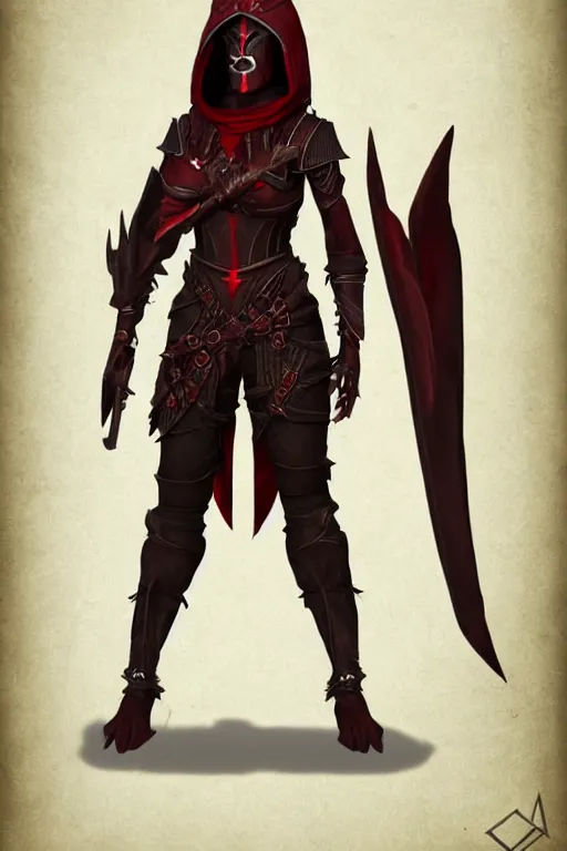 Prompt: female adventurer in tight full - body ebony leather armor of dunmer design with dark red cloth underneath and with a red porcelain crow mask, trending in artstation, establishing shot