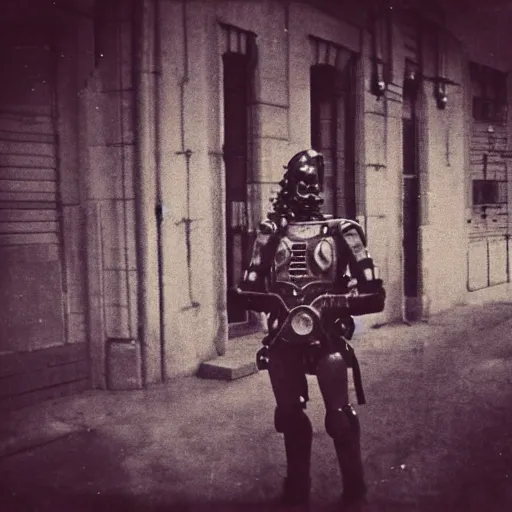 Prompt: grainy 1800s photo of a cybernetic soldier in a city