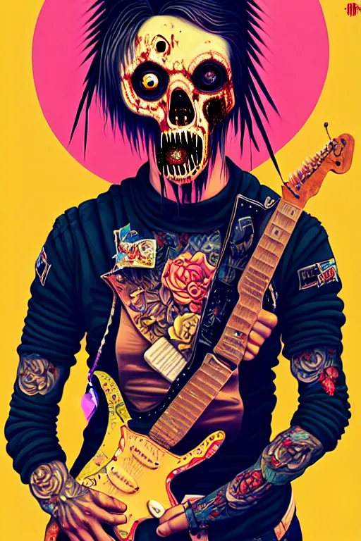 Image similar to a zombie punk rocker playing electric guitar, tristan eaton, victo ngai, artgerm, rhads, ross draws
