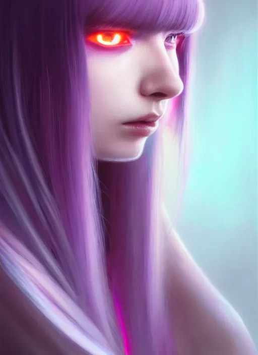 Image similar to hair whitebangs hair, black hair, whitebangs, portrait of teenage girl with white bangs, red irises, purple clothes, white bangs, bangs are different color from hair, intricate, elegant, glowing lights, highly detailed, digital painting, artstation, concept art, smooth, sharp focus, illustration, art by wlop, mars ravelo and greg rutkowski