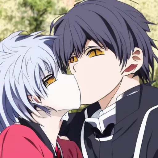 Image similar to key anime visual still portrait of anthropomorphic anthro male grey wolves with handsome eyes, kissing each other, wearing school uniform, official studio anime still