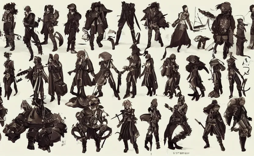 Image similar to roster concept drawing for a steampunk fantasy tactical rpg, anime realism style, characters and weapons, artwork by ilya kuvshinov