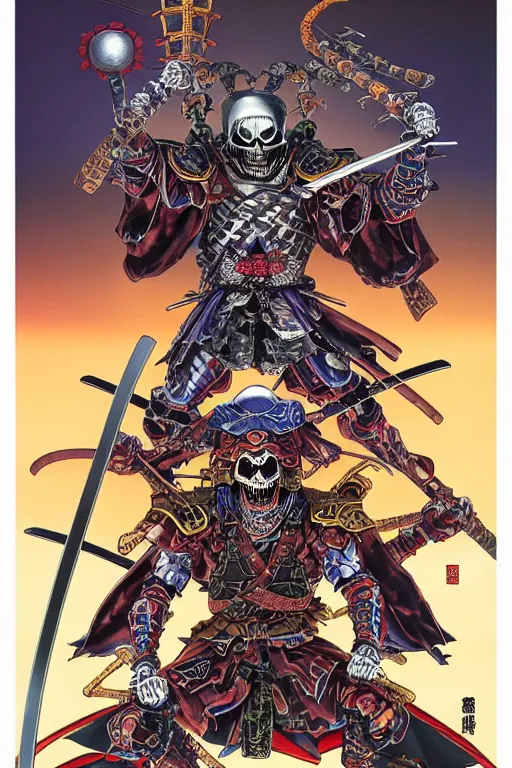 Image similar to poster of crazy skeletor samurai with japanese armor and helmet, by yoichi hatakenaka, masamune shirow, josan gonzales and dan mumford, ayami kojima, takato yamamoto, barclay shaw, karol bak, yukito kishiro