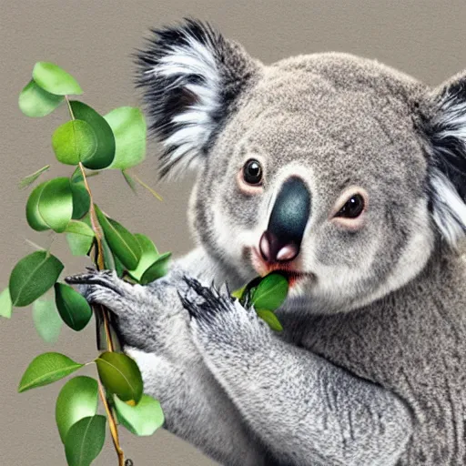 Prompt: Koala with a top hat eating eucalyptus, realistic, detailed, trending on artstation