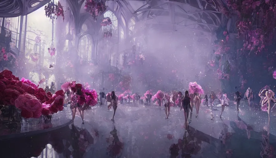 Image similar to victoria secret runway show, light, shadows, reflections, flowers, epic composition, intricate, elegant, volumetric lighting, digital painting, highly detailed, artstation, sharp focus, illustration, concept art, ruan jia, steve mccurry, greg rutkowski, mina petrovic, timothy kong, marina federovna, masterpiece, iconic