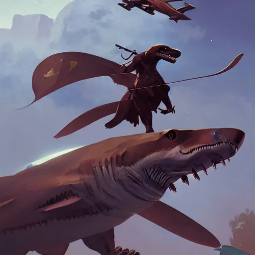 Image similar to raptor riding shark and holding a rocket launcher, highly detailed, digital painting, artstation, concept art, sharp focus, illustration, art by greg rutkowski and alphonse mucha