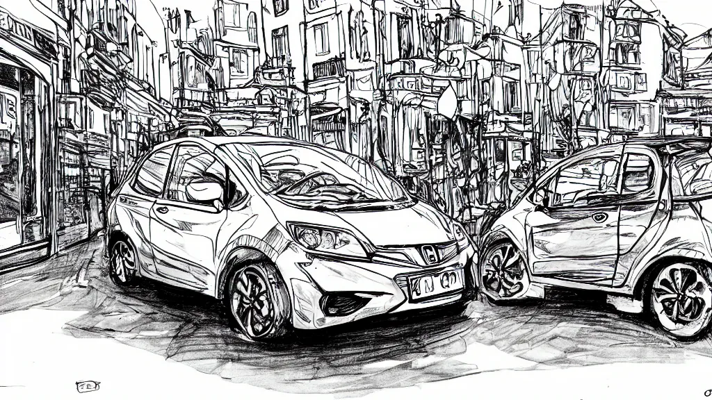 Image similar to compact honda car parked in a european city, ink manga drawing