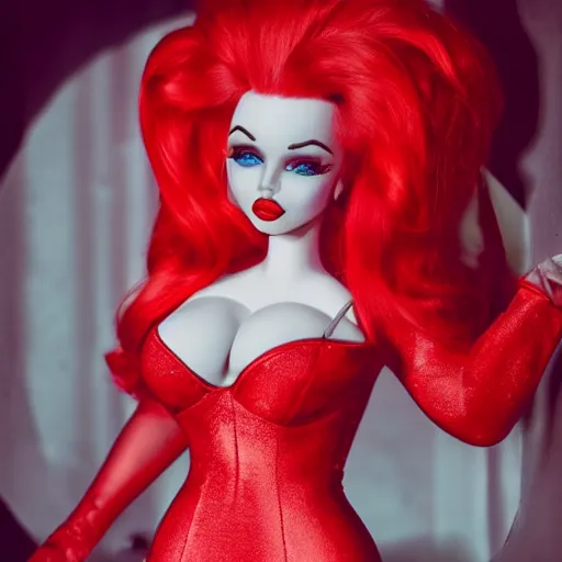 Image similar to photography detailed face kerli koivr as jessica rabbit in her red dress, femme fetal, darkroom, dramatic high contrast lighting like sin city, ultra - realistic, intricate detail, 8 k