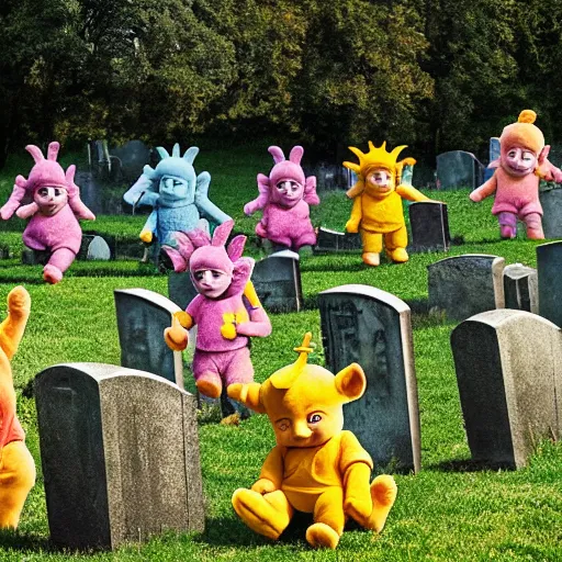 Prompt: Teletubbies on an old cemetery