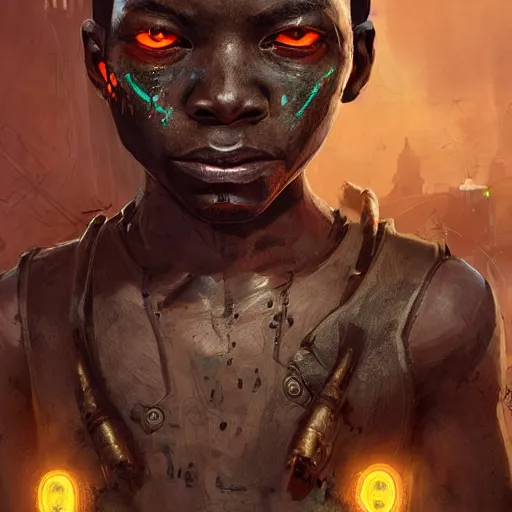 Prompt: a dark and ominous cyborg african child soldier with glowing eyes and facial scarification marks, Apex Legends character digital illustration portrait design, by android jones and greg rutkowski in a cyberpunk voodoo style, detailed, cinematic lighting, wide angle action dynamic portrait