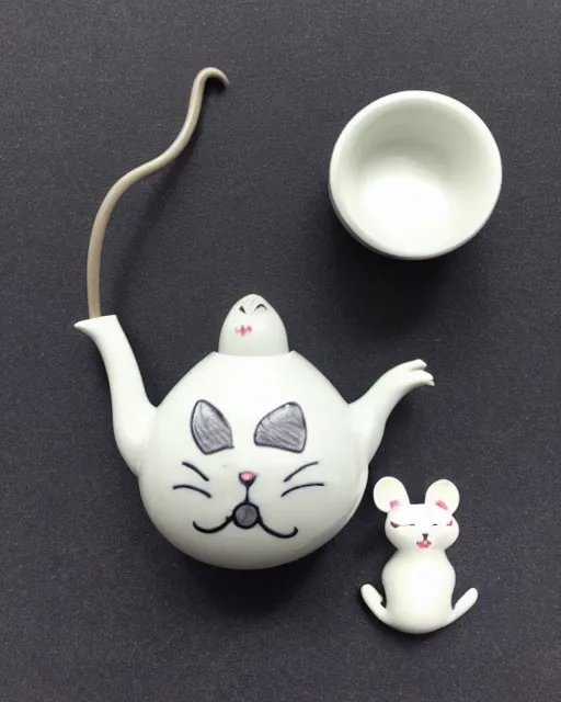 Prompt: a creepy white tea kettle shaped like a cat with a little porcelain gray mouse on the tip of it's spout