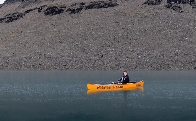 Image similar to canoeing through a lake in iceland, moody, cinematic, fpv, muted colors, glaciers, ice, water