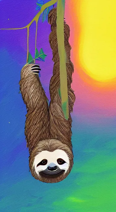 Image similar to a cute sloth hanging on a tree on a beautiful dark night with stars, everything made of thick flowing dramatic brush strokes, abstract impressionism, matte colors, trending on artstation