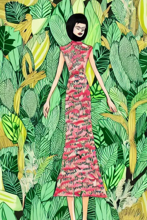 Image similar to melon colored dress, fashion illustration by eko nugroho, jungle background, finely detailed