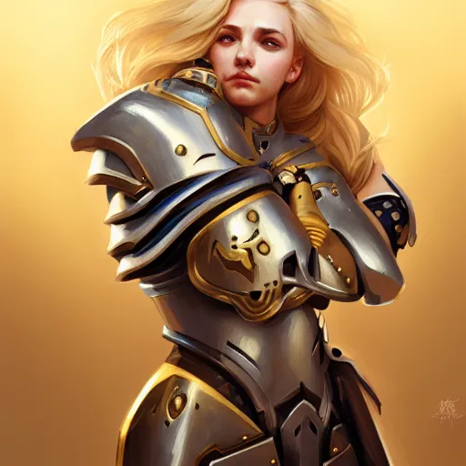 Prompt: Portrait of a girl with blonde hair wearing a heavy knight armor, Overwatch inspired, golden accents, face, fantasy, intricate, elegant, highly detailed, digital painting, artstation, concept art, smooth, sharp focus, illustration, art by Wei Fan and Fernanda Suarez and Artem Demura and alphonse mucha