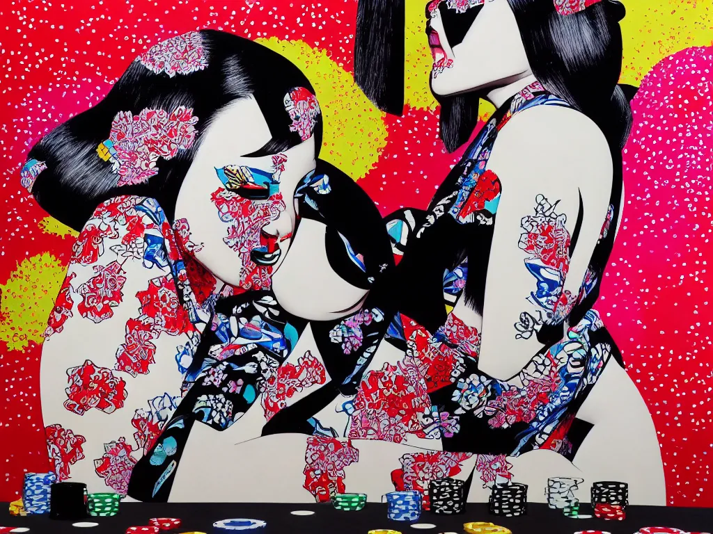 Image similar to hyperrealism composition of the detailed woman in a japanese kimono sitting at an extremely detailed poker table with darth vader, fireworks on the background, pop - art style, jacky tsai style, andy warhol style, acrylic on canvas