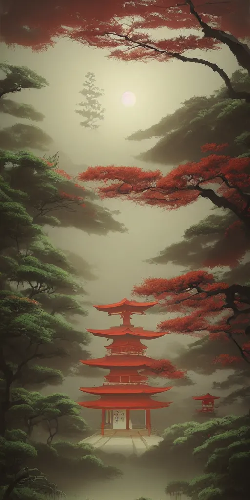 Image similar to foggy japanese shrine!!! a highly detailed cinematic oil painting by roger dean and alena aenami, dynamic lighting