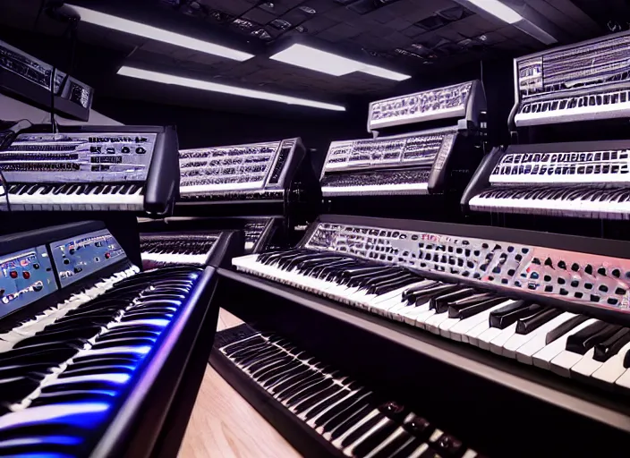 Prompt: photo still of a rack of keyboard synthesizers, 8 k, studio lighting, overhead light