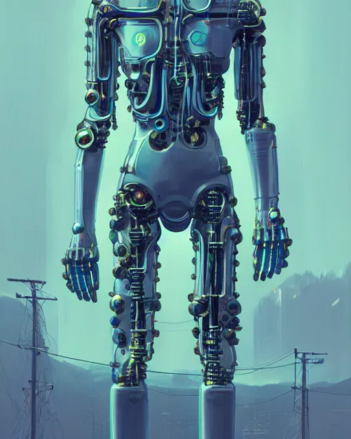 Prompt: glass cyborg, sci - fi, metallic torso, utopian, highly detailed realistic digital painting by simon stalenhag, rutkowski, kinkade, artstation. award winning, masterpiece, dramatic bright lighting, clean, modern, wires, sharp focus