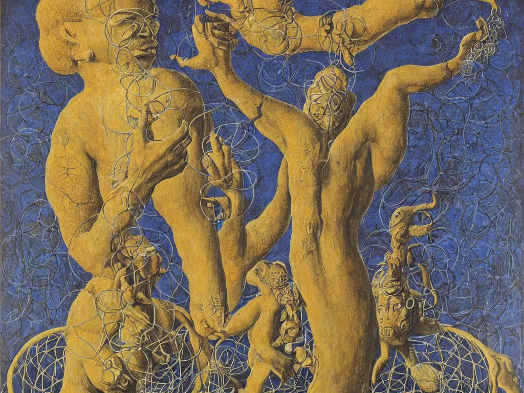 Image similar to Portrait of the African god albino holding the caged fantastic fractal bird at her chest, sculpture, Henri Moore giant, blue eyed, flowing milk, lightning network. Boulders of spiked fungi. Painting by Lucas Cranach, Rene Magritte, Jean Delville, Max Ernst, Maria Sybilla Merian, Roger Dean