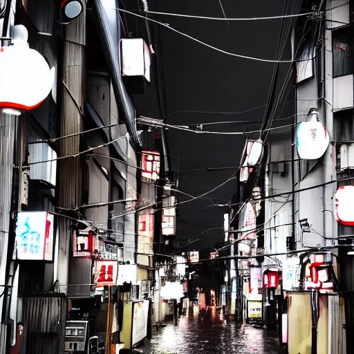 Image similar to rain - soaked alley with messy overhead cables in tokyo