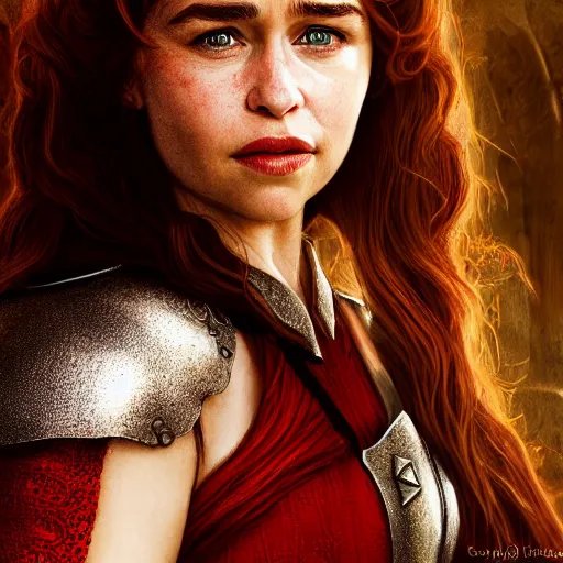 Image similar to emilia clarke, as a medieval fantasy character, with dark reddish hair, wearing light, silver armor and red clothing, tan complexion, holding a longsword, slightly smiling, noble, cinematic, gloomy, realistic, digital art, character art, 8 k