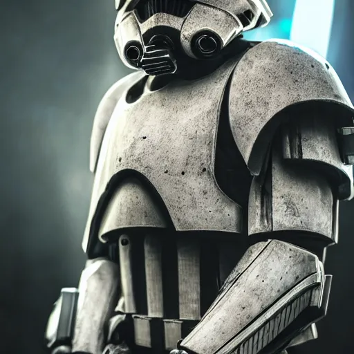 Image similar to close - up cyberpunk stormtrooper, battle scars, moody lighting, 8 k, shallow depth of field, cinematic lighting,