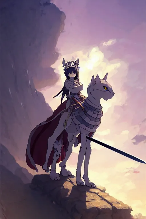 Prompt: a full body of the female knight with a cat on her head with gigantic sword, finely detailed features, closeup at the faces, perfect art, gapmoe yandere grimdark, trending on pixiv fanbox, painted by miura kentaro greg rutkowski makoto shinkai takashi takeuchi studio ghibli, akihiko yoshida