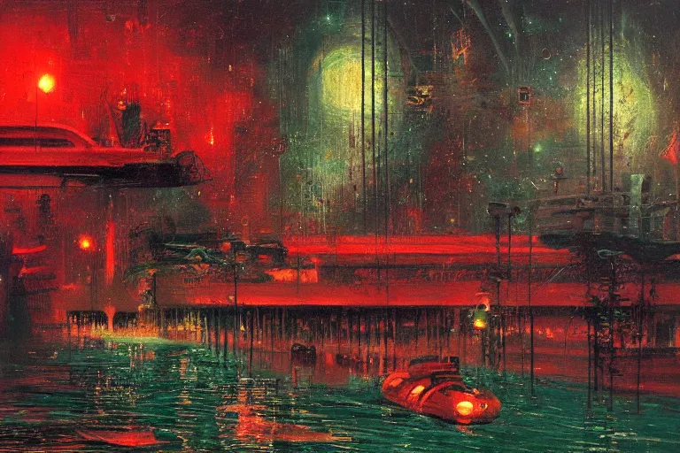 Prompt: river boats speeding between tree houses on flooded streets of new york painting, red and green palette, night lights, starry sky, by ( h. r. giger ) and paul lehr