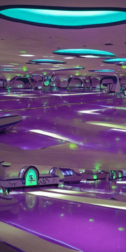 Image similar to a ufo themed bowling alley, green blue and purple color scheme, 1990s