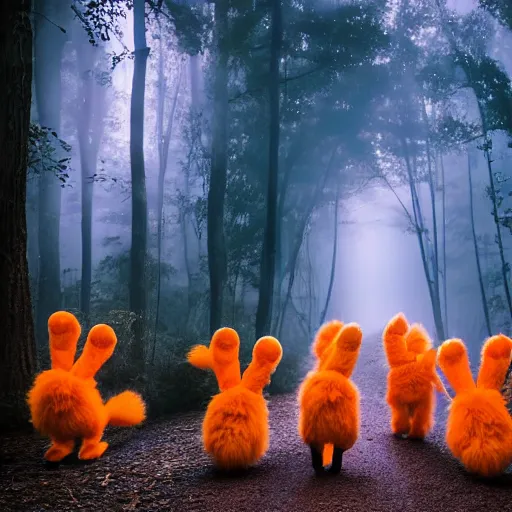 Image similar to a large orange fox kitsune two tailed muppet wearing a hooded cloak holding a lit torch and herding a bunch of random muppet animals following behind through a dark foreboding misty blue forest at night, sesame street, photograph, photography, ultrarealistic, national geographic