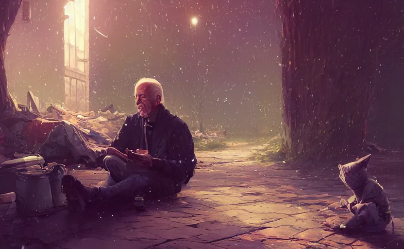 Image similar to highly detailed portrait of joe biden as a homeless, talking to his reflection, stephen bliss, unreal engine, fantasy art by greg rutkowski, loish, rhads, ferdinand knab, makoto shinkai and lois van baarle, ilya kuvshinov, rossdraws, tom bagshaw, global illumination, radiant light, detailed and intricate environment