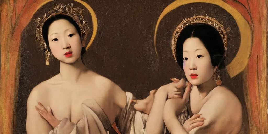 Image similar to a portrait of a very beautiful goddess with halo behind her head, seductively looking in front, Asian beautiful aesthetic face, in the style of Caravaggio and Vermeer, realistic, dramatic lighting
