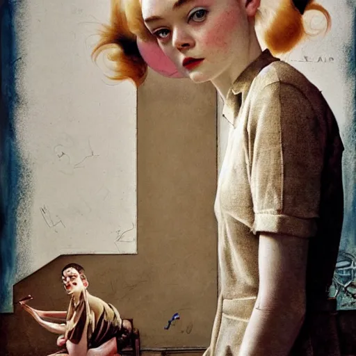 Image similar to elle fanning in prey picture by norman rockwell, asymmetrical, dark vibes, realistic painting, organic painting, matte painting, geometric shapes, hard edges, graffiti, street art : 2 by norman rockwell : 4