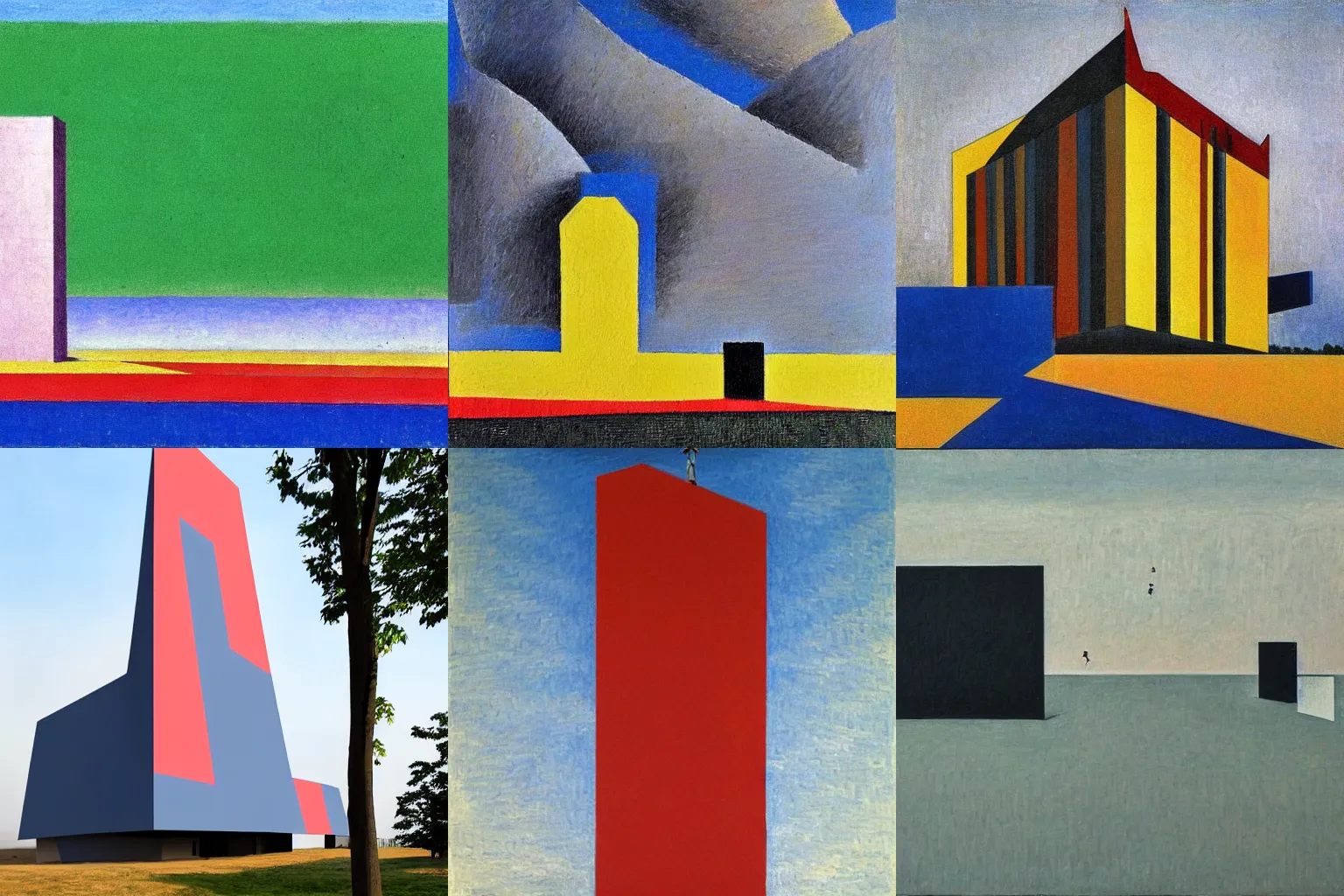Prompt: artwork of a building, with a large visible humanoid and a visible scenery in the style of kazimir malevich,
