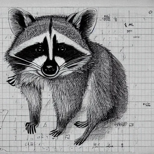 Prompt: a photrealistic raccoon drawing blueprints, the raccoon is holding a ruler