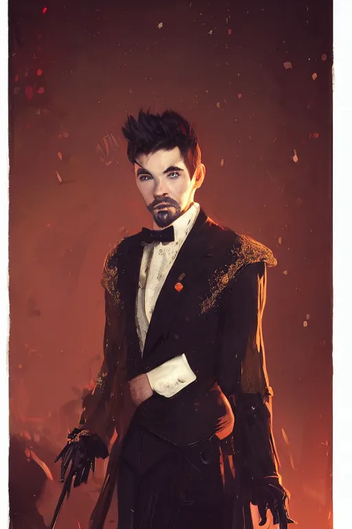 Prompt: a fancy portrait of jacksepticeye wearing posh clothes by Greg Rutkowski, Sung Choi, Mitchell Mohrhauser, Maciej Kuciara, Johnson Ting, Maxim Verehin, Peter Konig, Bloodborne, macro lens, 35mm, 8k photorealistic, cinematic lighting, HD, high details, atmospheric,