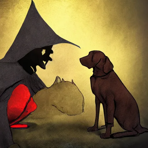 Image similar to the dark Lord petting his dog, Digital art,