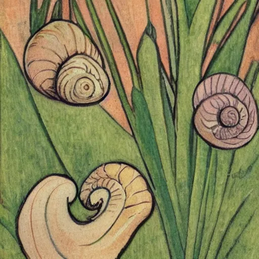 Image similar to snails in their shell by Maurice Denis, close-up, botanical illustration