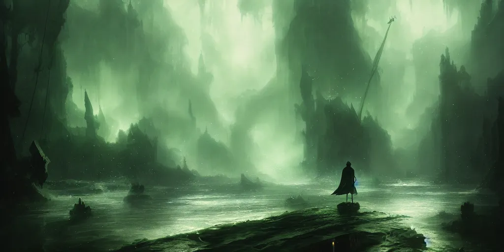 Image similar to magical subterranean river styx, a man in a cape on a boat with a sword, ethereal swirling green mist, dramatic lighting, magical atmosphere,, gothic illustration, greg rutkowski, andreas rocha, ashley wood, soft edges, low detail, trending on artstation