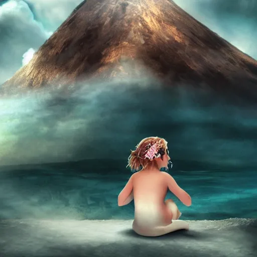 Prompt: a mermaid talking to a little girl on the top of a volcano and dense clouds above, ultrarealistic, soft light, symmetrical face