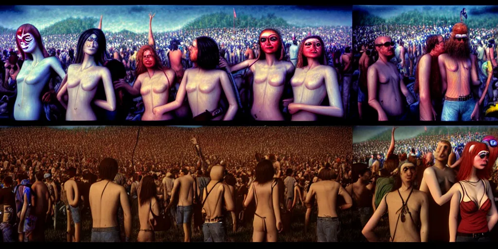 Prompt: Photorealistic people at woodstock 99 by H.R. Giger, KDA and Sam Yang, trending on artstation