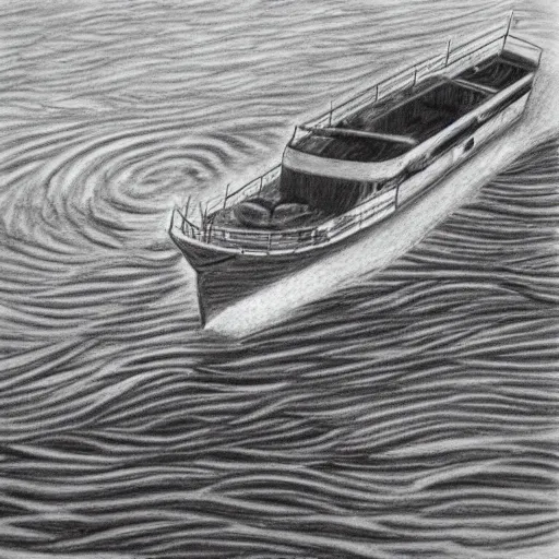 Image similar to a one line boat on a one line ocean, pencil drawing