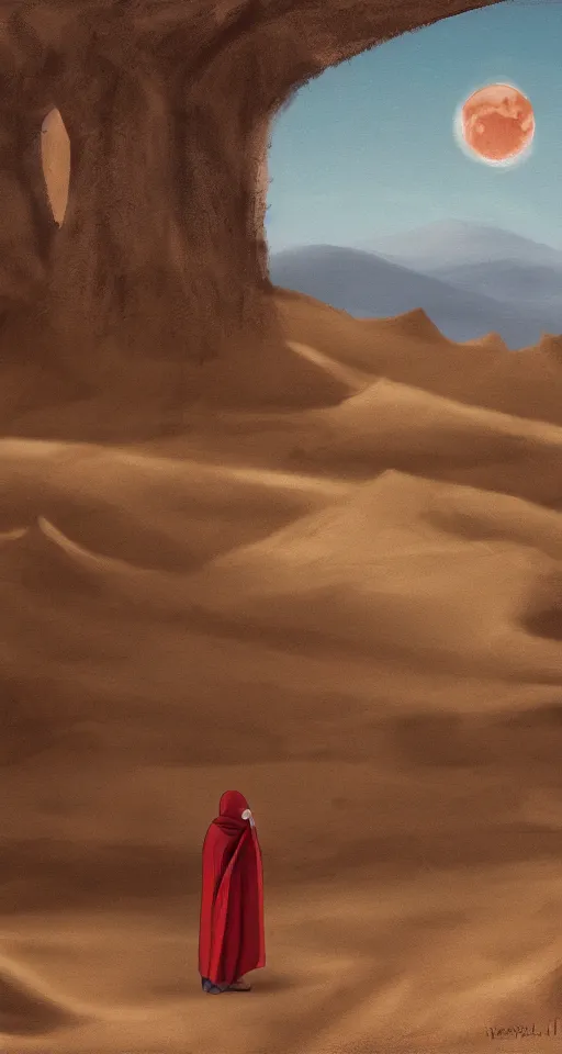 Prompt: big red moon in the desert. ruins of the ancient city. a man in a cloak with a hood and a staff looks into the distance from the dune, visual novel, oil painting