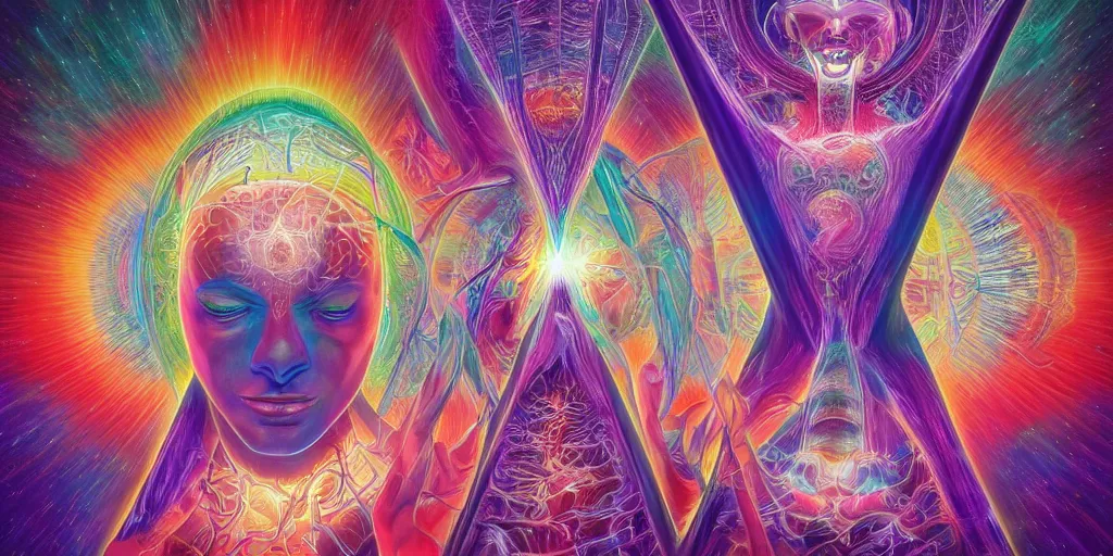 Prompt: ai transcendence into collaborative intelligence, connectedness, body, by alex grey, album cover, award winning, beautiful, colorful, volumetric lighting, trending on artstation, cinematic