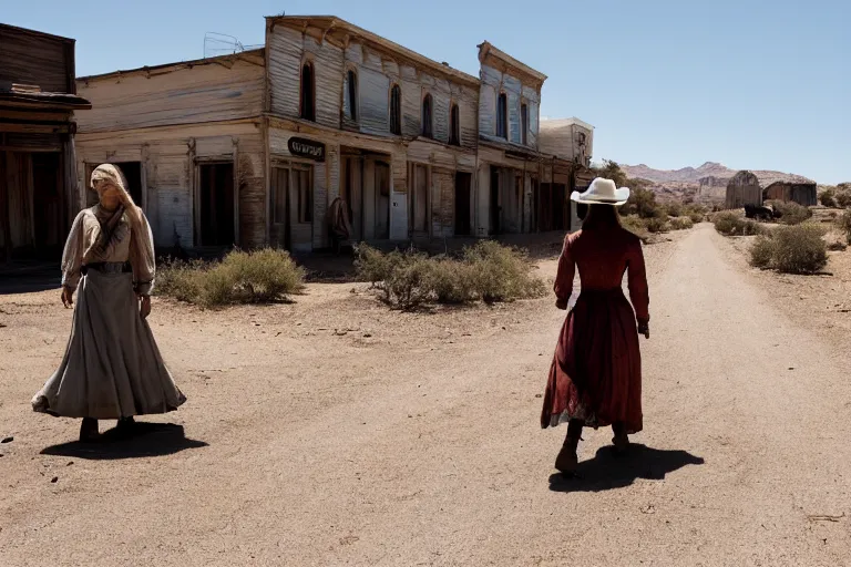 Image similar to dolores, west world, walking through an abandoned western town